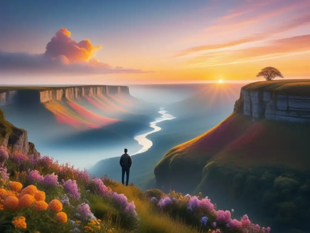Gratitud al amanecer: figura solitaria en acantilado Figura en la cima de un acantilado al amanecer, extiende los brazos en agradecimiento