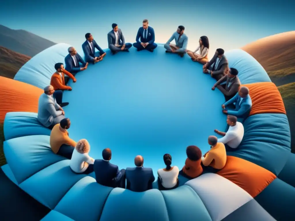 Círculo de apoyo: diversidad y unidad en una imagen serena Un círculo de diversidad y apoyo en tonos azules