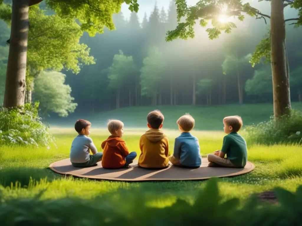 Niños explorando la naturaleza: serenidad y alegría al aire libre Un círculo de niños en la naturaleza, rodeados de árboles altos y luz solar filtrada