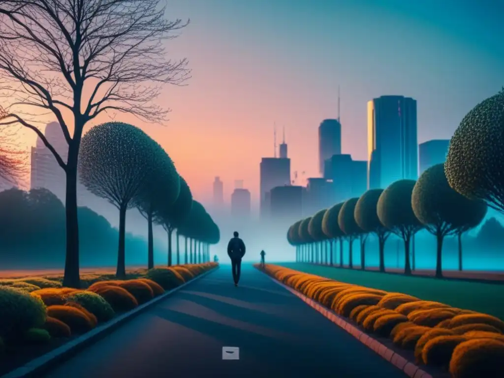 Horizonte urbano al amanecer: energía y progreso en la ciudad Una ciudad vibrante al amanecer, con siluetas de personas caminando hacia un amanecer brillante