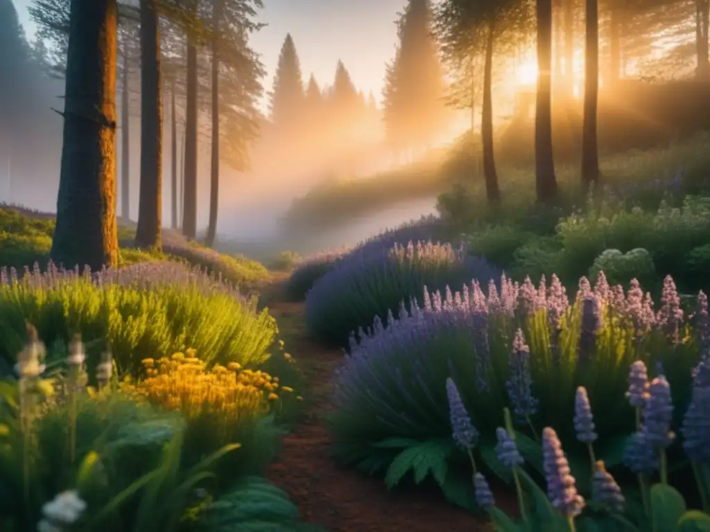 Claro de bosque ancestral con plantas curativas al atardecer Un claro boscoso al atardecer con plantas medicinales en relajación ancestral