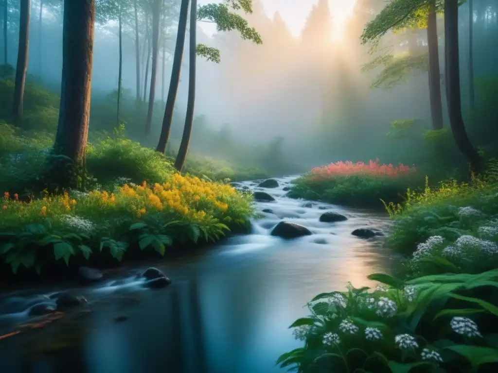 Claro amanecer en bosque sereno: belleza natural Un claro de bosque sereno al amanecer, con luz cálida filtrándose entre el dosel verde
