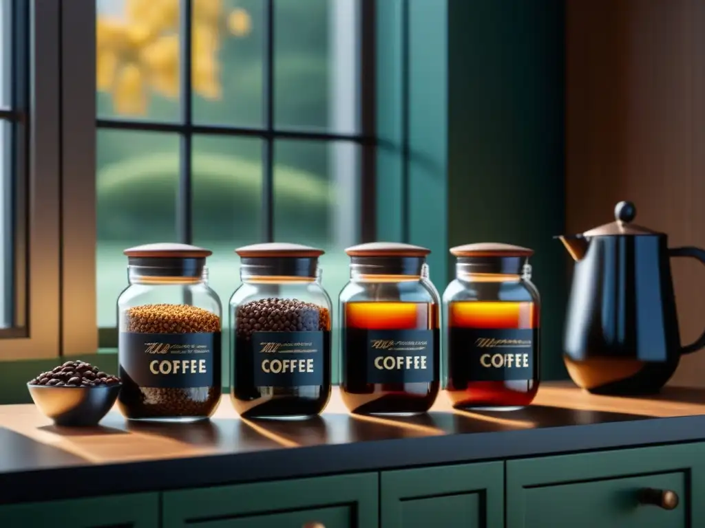 Encantador rincón gourmet: café y té en elegantes frascos de vidrio Club de suscripción cafés tés: Elegantes granos de café y hojas de té en tarros de cristal sobre una encimera moderna y luminosa