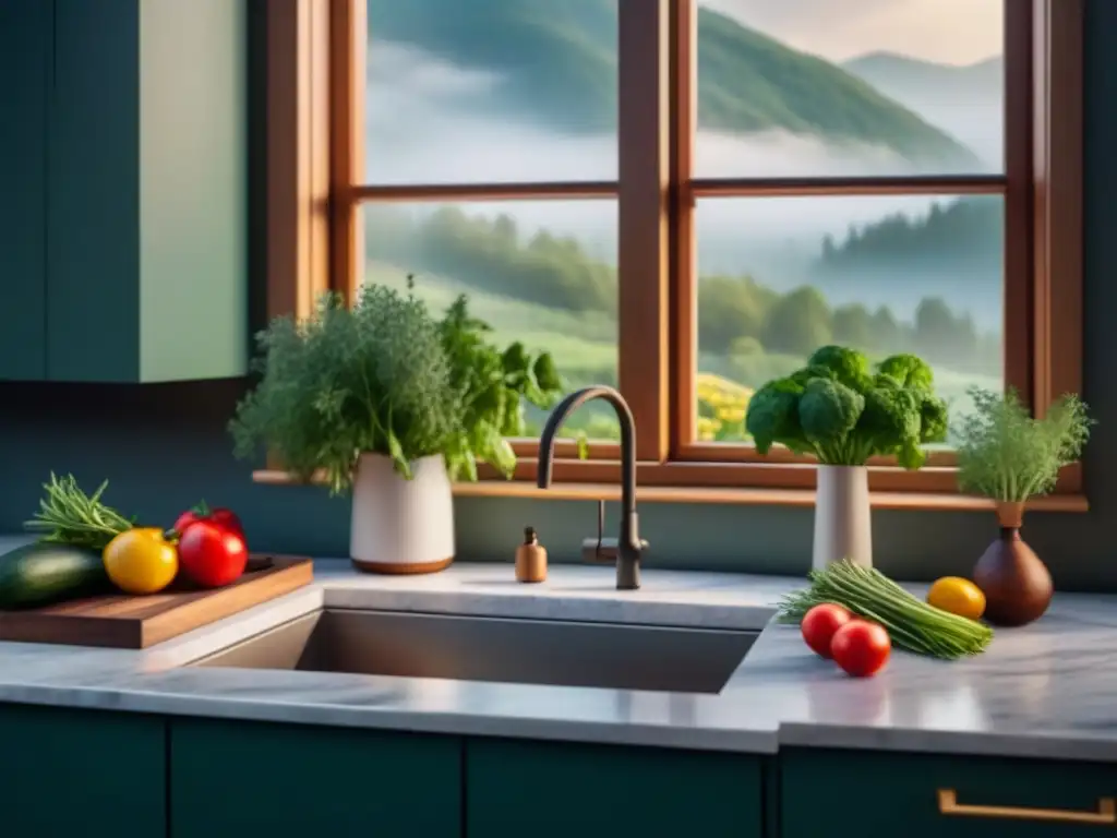 Cocina minimalista: armonía de luz natural y frescura Una cocina acogedora y minimalista iluminada por la luz natural, con hierbas frescas y utensilios de cocina rústicos
