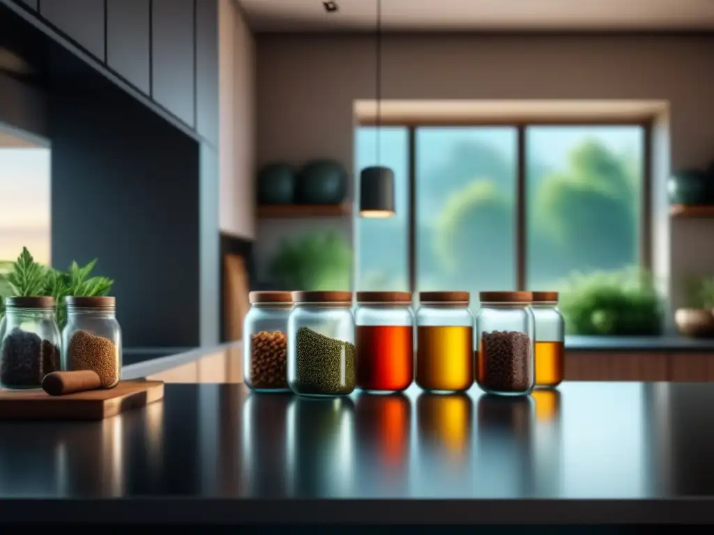 Cocina minimalista con especias aromáticas en tarros Cocina con especias relajantes en un ambiente sereno y minimalista iluminado por la luz del sol