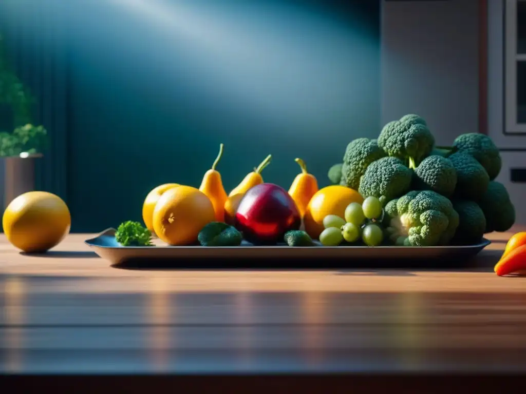 Cocina moderna con frutas y verduras de temporada: armonía y abundancia Una cocina moderna llena de frutas y verduras de temporada, bañada por la luz del sol