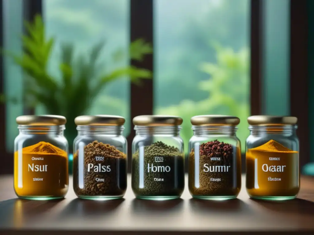 Una cocina serena con especias ayurvédicas en frascos de vidrio, bañada en luz natural
