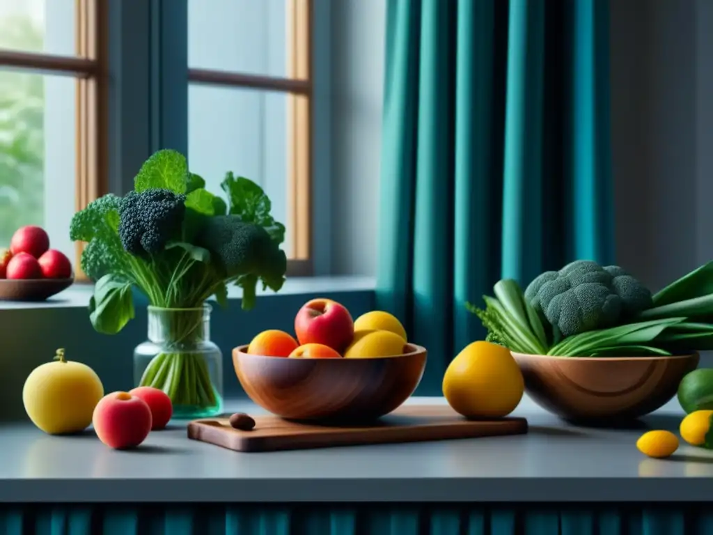 Cocina zen con frutas y verduras coloridas Una cocina serena con frutas y verduras en cuencos de madera y frascos de vidrio