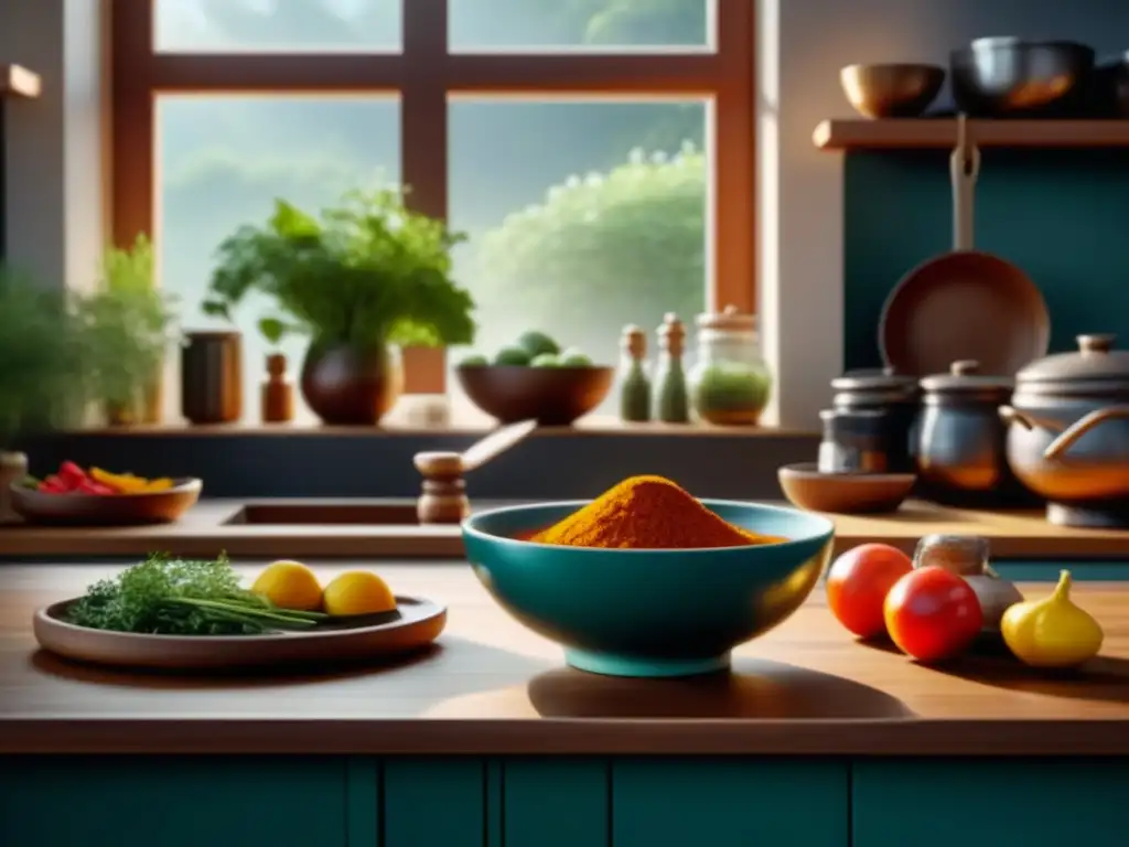 Una cocina serena con ingredientes Ayurvédicos frescos en cuencos de cerámica, iluminada por el sol