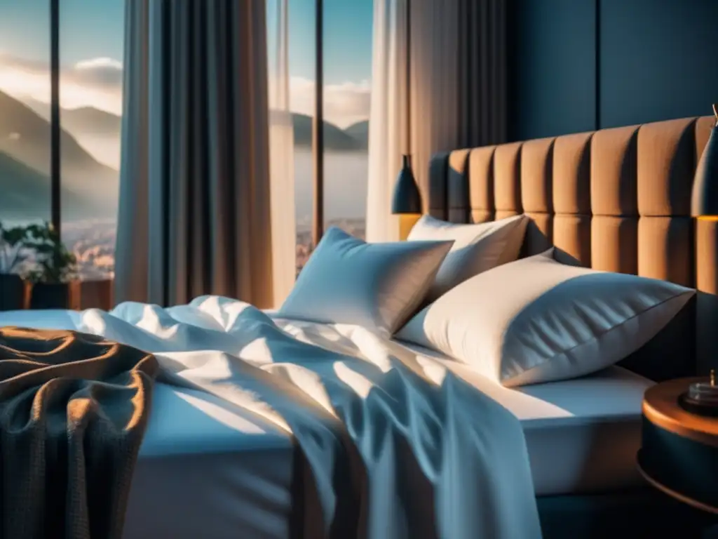 Suite moderna con colchón de espuma viscoelástica en 8K Colchones de memoria para sueño: Escena serena en un dormitorio moderno con sábanas blancas y luz natural cálida