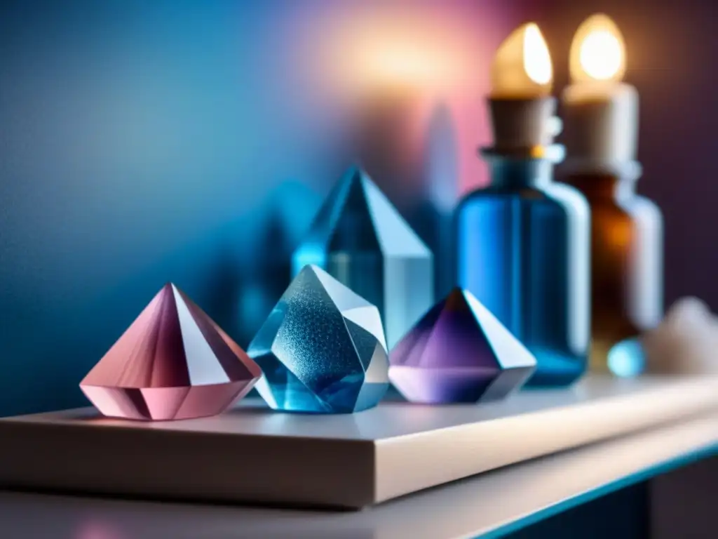 Armonía cristalina: colección relajante en ambiente sereno Una colección de cristales brillantes en un ambiente sereno, ideal para relajarse