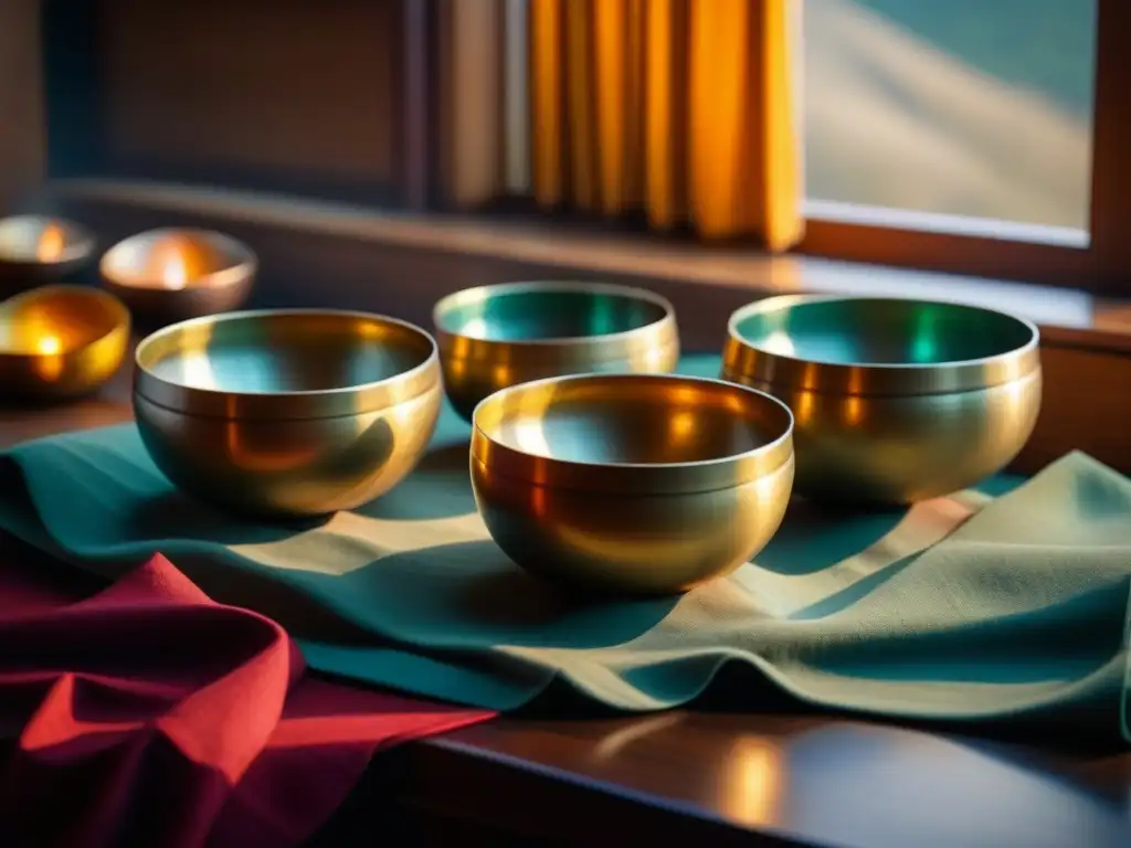 Una colección serena de cuencos tibetanos para relajación hogar, delicadamente dispuestos en una tela suave y tonos tierra, iluminados por luz natural