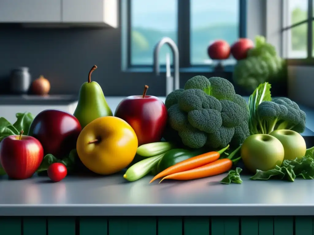 Deslumbrante variedad de frutas y verduras en cocina moderna Una colección vibrante de frutas y verduras frescas en una cocina moderna
