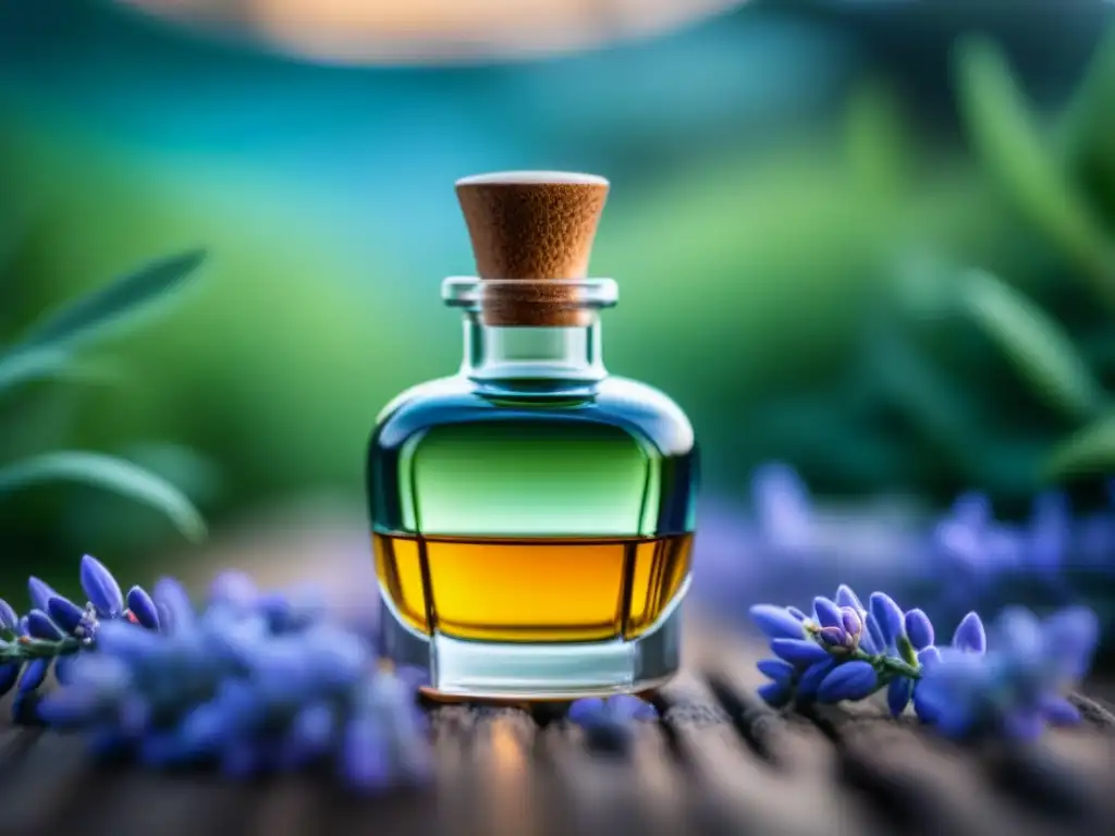 Colgante de vidrio con aceites esenciales: belleza y bienestar Collar difusor aceites esenciales casero: Detalle de colgante de vidrio con aceites, sobre fondo de lavanda y eucalipto