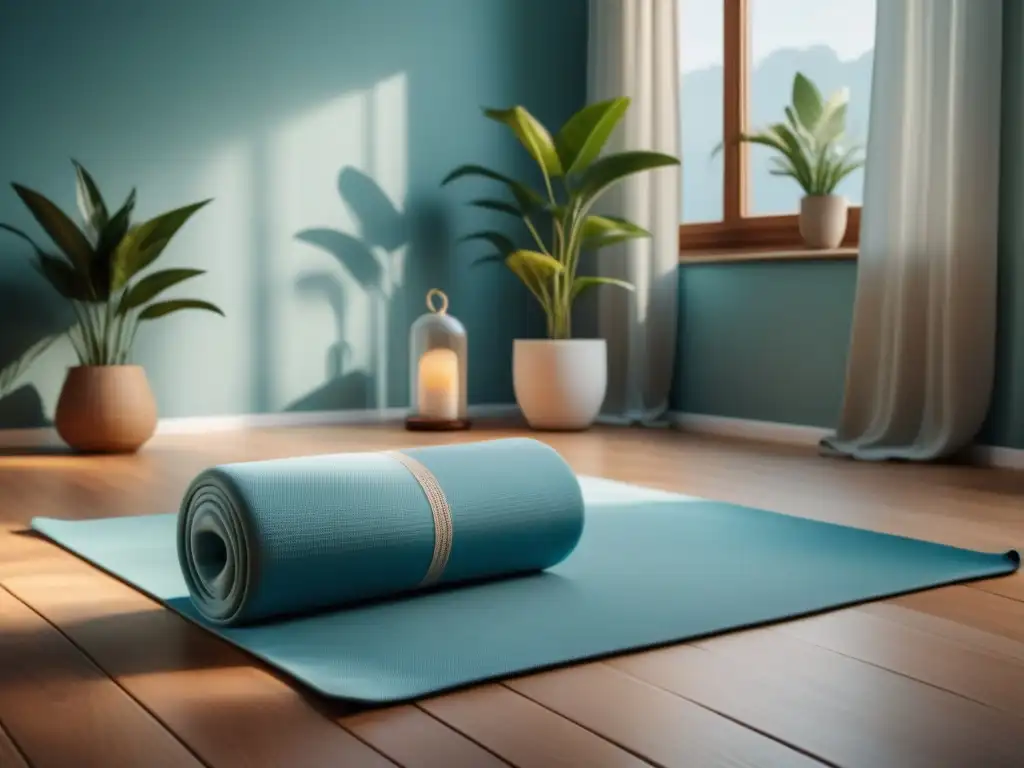 Espacio de yoga en casa: serenidad y armonía Un rincón de yoga hogareño con colores suaves y plantas verdes, ideal para ejercicios de respiración en casa
