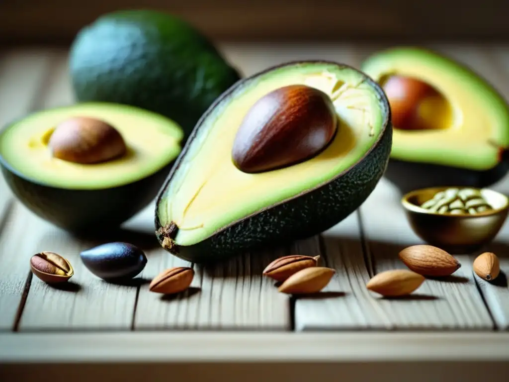 Composición armoniosa de grasas saludables: aguacate, frutos secos y aceite de oliva Una composición armoniosa de grasas saludables para bienestar mental sobre madera clara, resaltando texturas y colores vibrantes