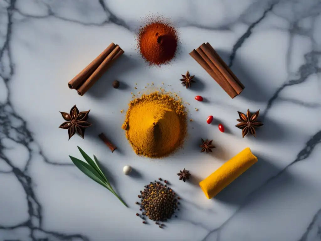 Espectaculares especias Ayurveda en mármol blanco Una composición moderna de variedad de especias ayurvédicas coloridas en un elegante mostrador de mármol blanco