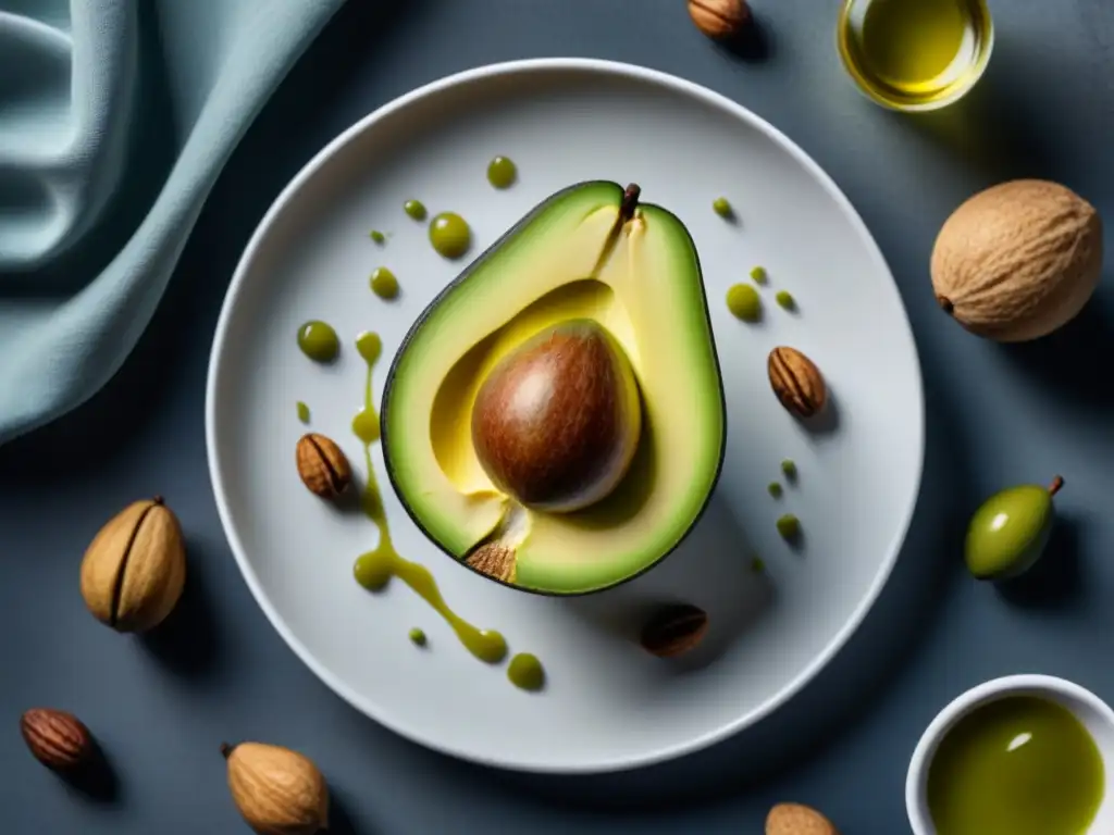 Delicioso aguacate y nueces en plato blanco Una composición serena de medio aguacate vibrante en un plato blanco moderno, con nueces y aceite de oliva dorado