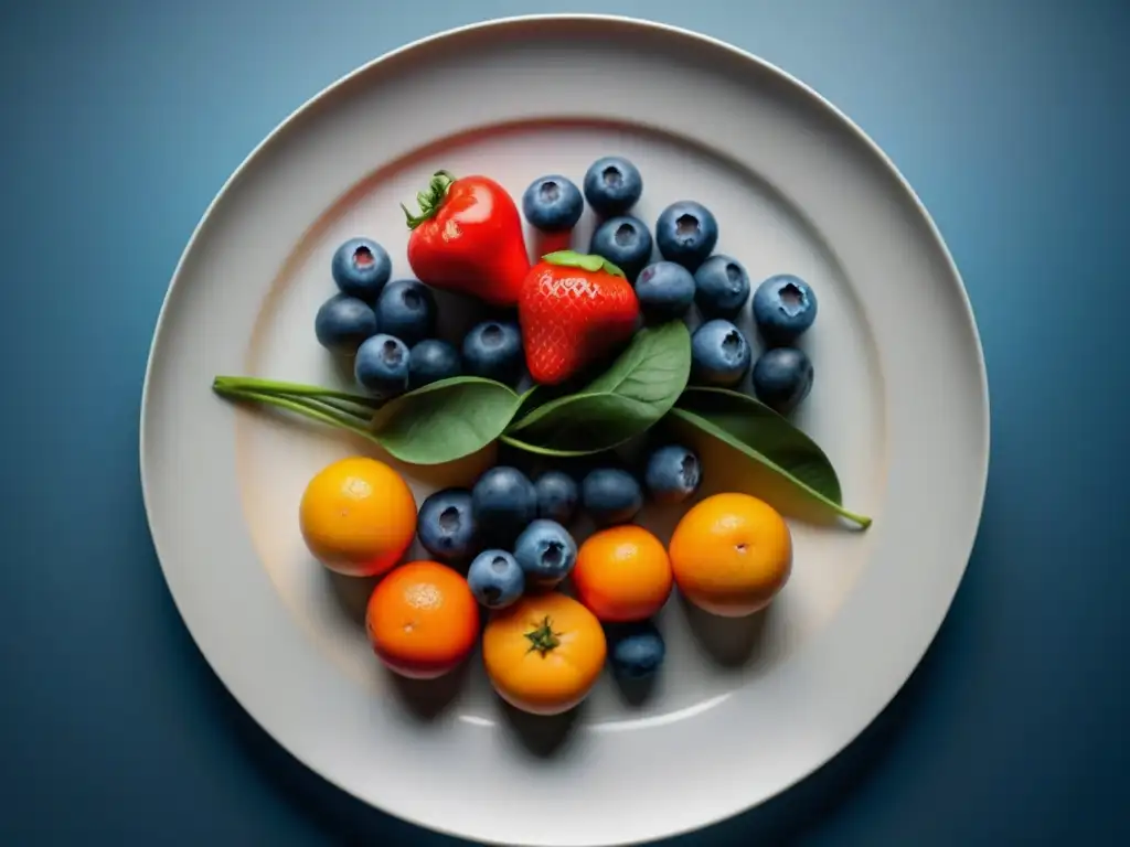 Plato saludable con frutas y verduras antioxidantes Una composición serena de frutas y verduras antioxidantes frescas, mostrando beneficios para el estado mental