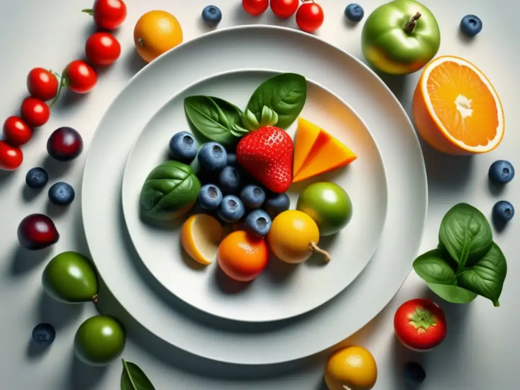 Composición fresca y vibrante de frutas y verduras en plato blanco Una composición vibrante de frutas y verduras frescas en un plato blanco, ideal para planes nutricionales para energía sostenible