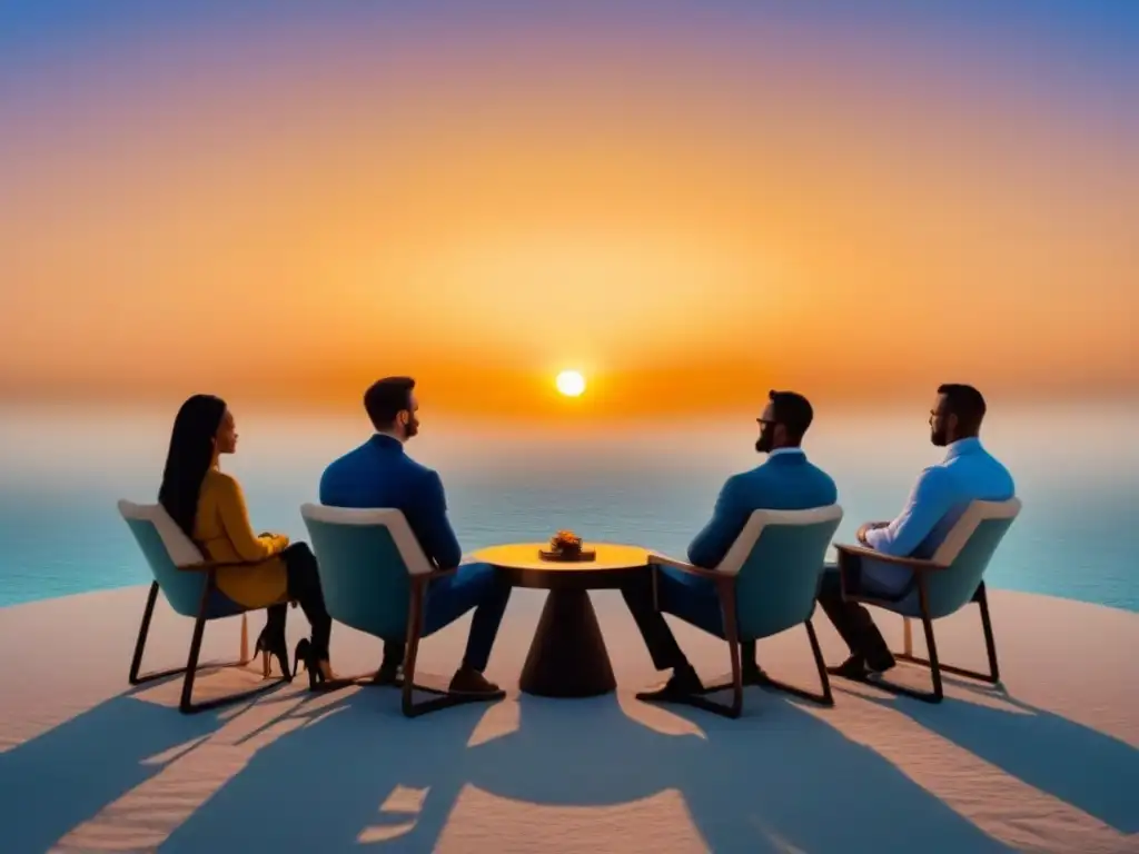 Encuentro virtual de apoyo: unidad en siluetas Comunidad virtual apoyo manejo ansiedad: Siluetas unidas en círculo frente al mar al atardecer