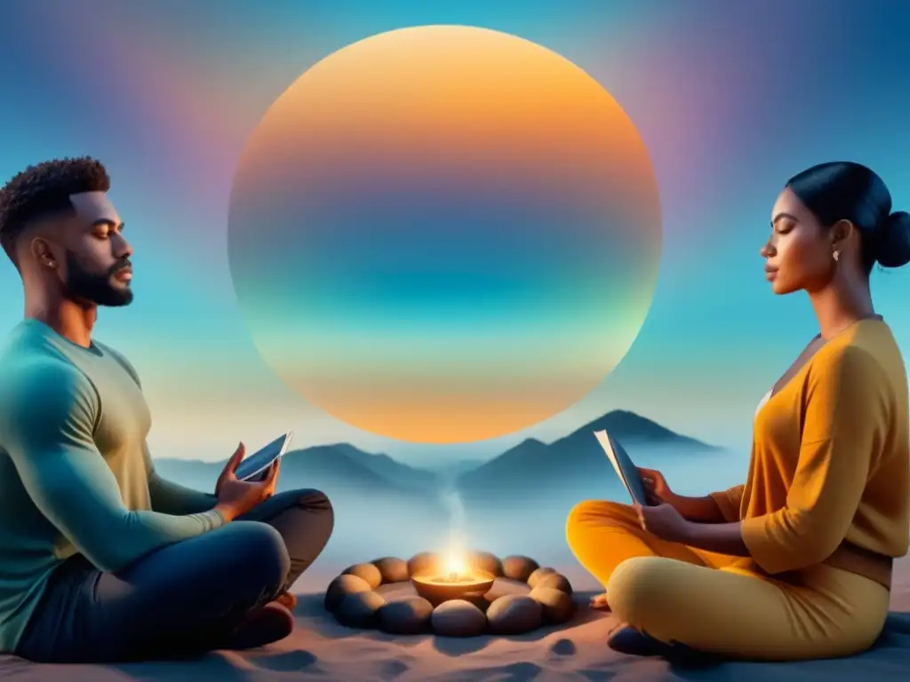 Comunidad virtual unida: calma y apoyo para la ansiedad Una comunidad virtual de apoyo para el manejo de la ansiedad, con personas diversas realizando actividades calmantes en círculo