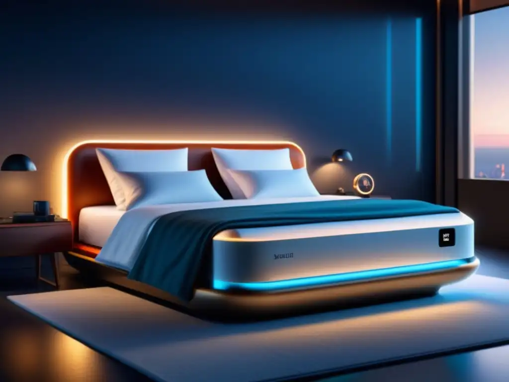 Smart Bed futurista: lujo y tecnología para tu descanso Configurar Smart Bed para confort: cama futurista con luces ambientales, tecnología integrada y diseño minimalista