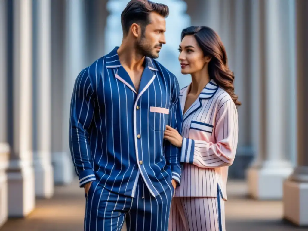 Pijamas a juego para parejas: azul a rayas y rosa con lunares Dos conjuntos de pijamas a juego para parejas: rayas clásicas azul marino y blanco, y lunares suaves rosa pálido