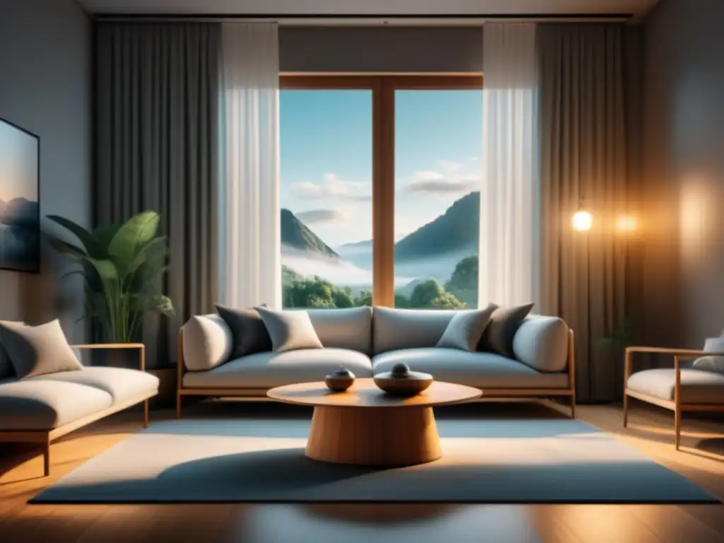 Serenidad minimalista: sala neutra con arte abstracto y toques cálidos Consejos para despejar hogar: Sala minimalista con tonos neutros, muebles sencillos y detalles cálidos, iluminada y serena