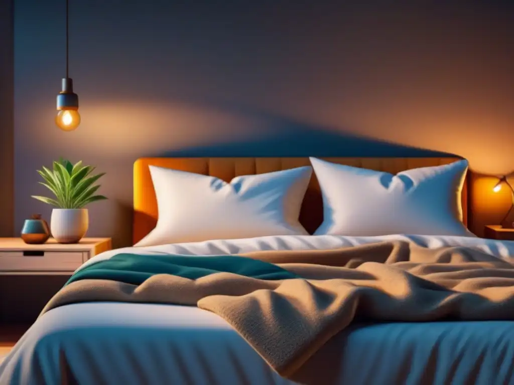 Consejos rutina nocturna sueño reparador: Dormitorio sereno con iluminación ambiental suave, cama hecha y detalles acogedores