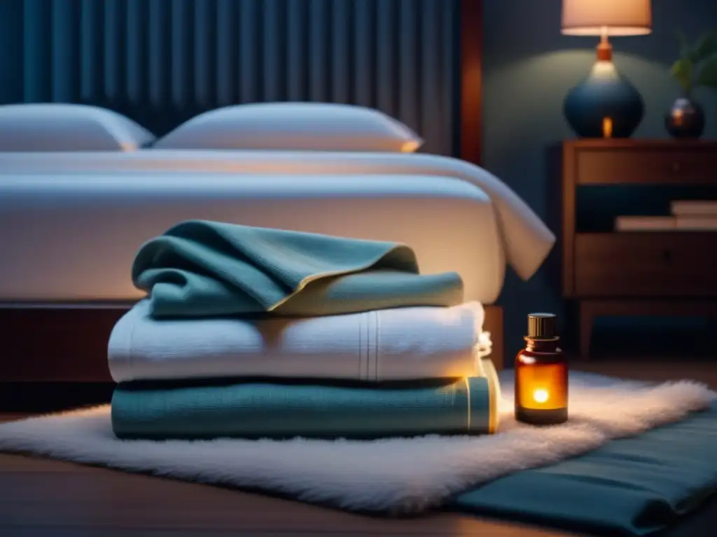 Consejos rutina nocturna sueño reparador: Dormitorio tranquilo con cama hecha, libros y difusor de aceites esenciales