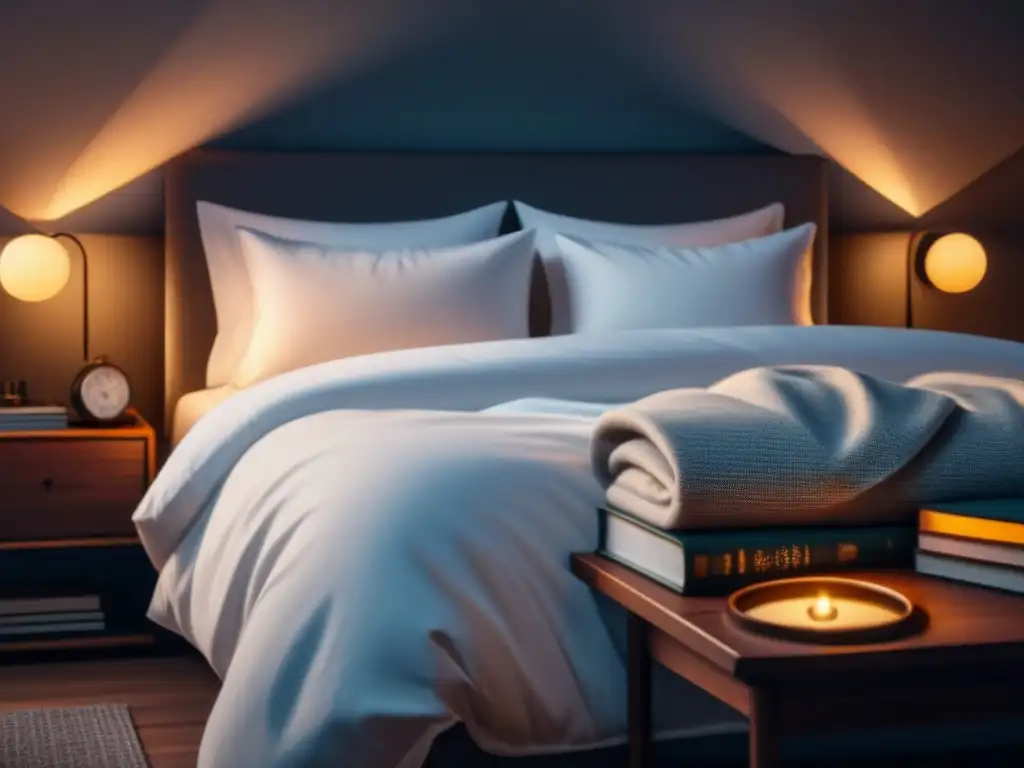 Consejos rutina nocturna sueño reparador: ambiente sereno de dormitorio acogedor con cama, almohadas y manta