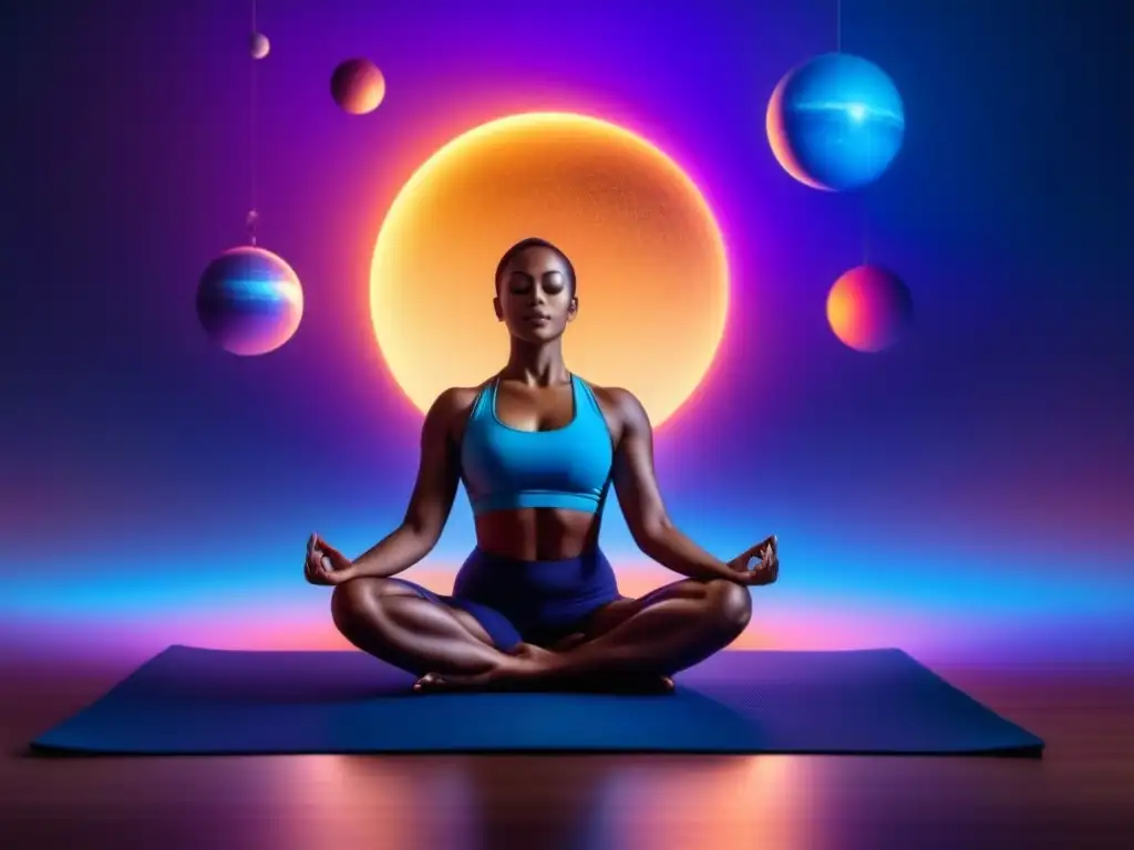 Meditación cósmica en casa: persona en yoga rodeada de planetas brillantes en un ambiente tranquilo de azules y púrpuras