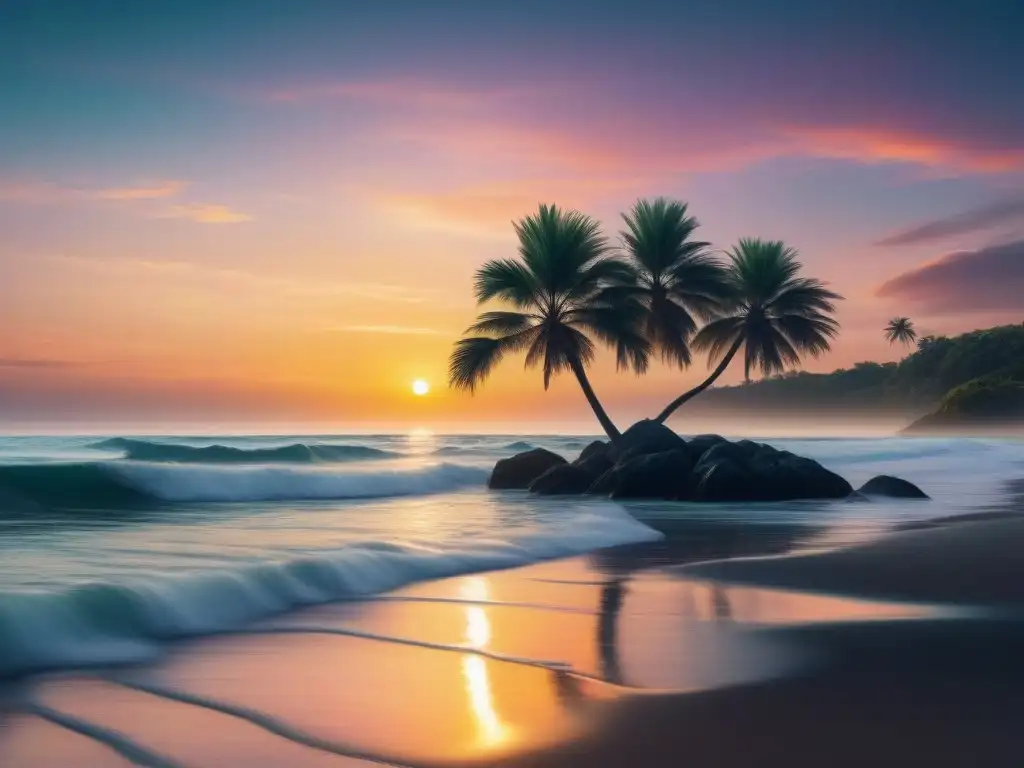 Paisaje sereno de playa al atardecer con palmera solitaria Un cuadro sereno y minimalista de una playa tranquila al atardecer, con colores suaves que se mezclan en el cielo y se reflejan en el océano calmado