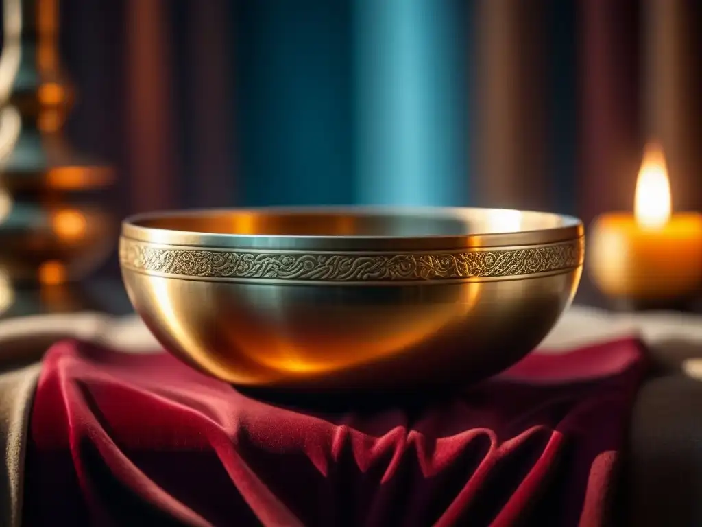 Un cuenco tibetano brillante reposa en un cojín de terciopelo bajo luz de velas, evocando serenidad para meditación con cuencos tibetanos insomnio