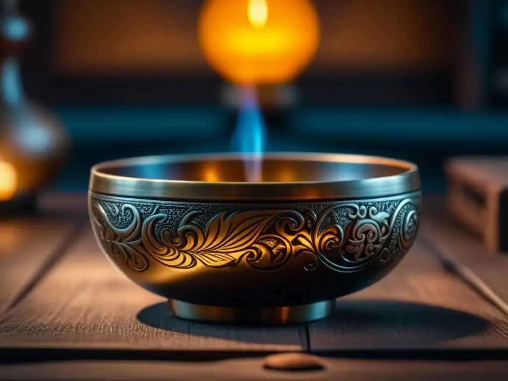 Exquisita cuenco tibetano: detalle y serenidad Un cuenco tibetano Himalaya exquisitamente tallado en madera oscura, iluminado por la luz de las velas