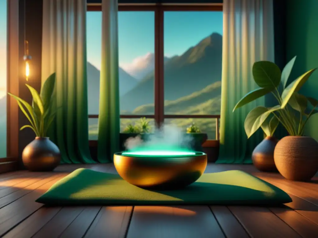 Rincón de meditación con cuencos tibetanos para insomnio en ambiente sereno y acogedor