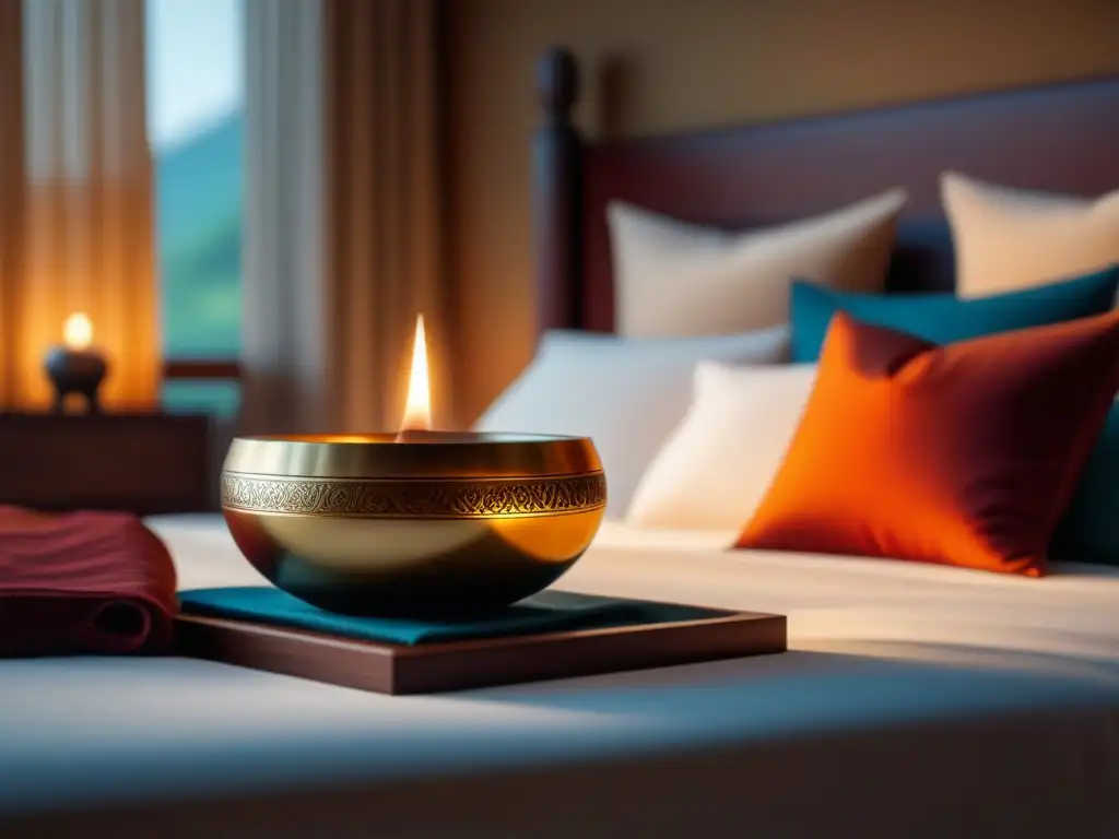Meditación con cuencos tibetanos para vencer el insomnio en un dormitorio sereno y cálido