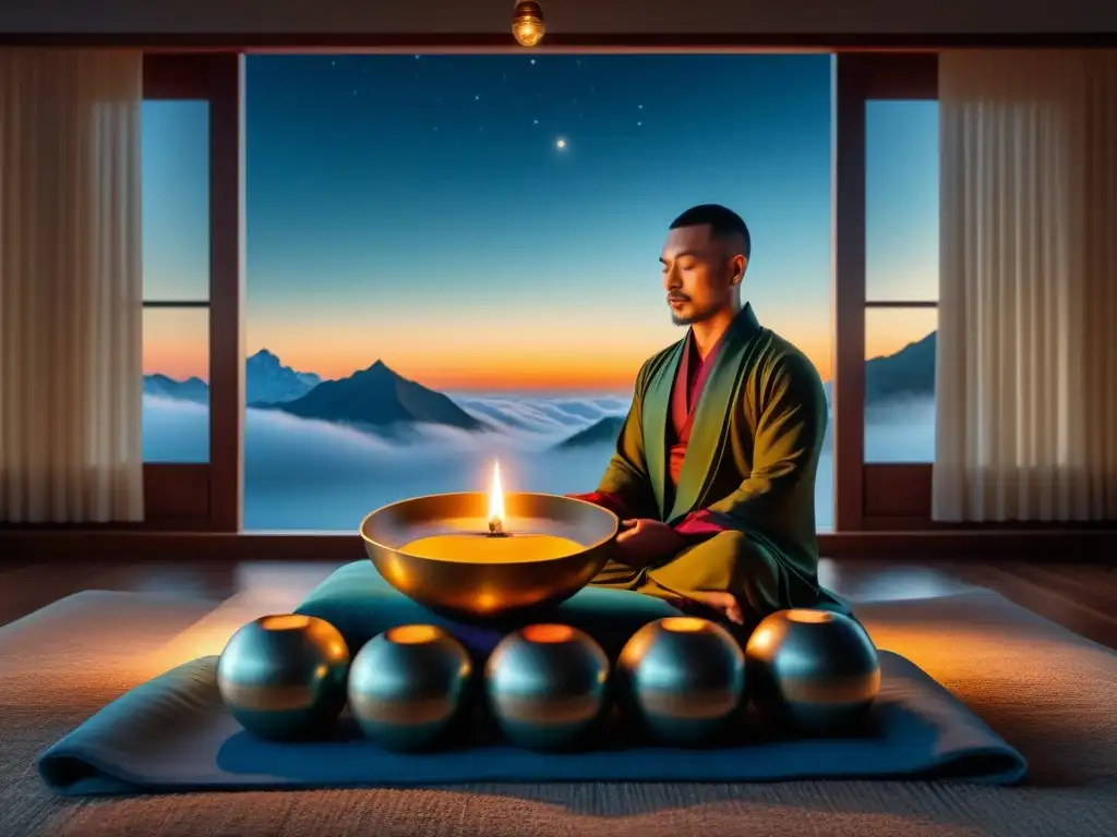 Meditación con cuencos tibetanos para combatir el insomnio en una habitación serena iluminada por velas