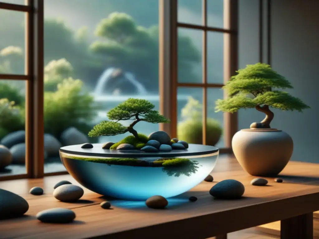 Salón Feng Shui: armonía en 8k Curso Feng Shui certificado hogar: Sala minimalista con balance de elementos, luz suave y vista a jardín tranquilo