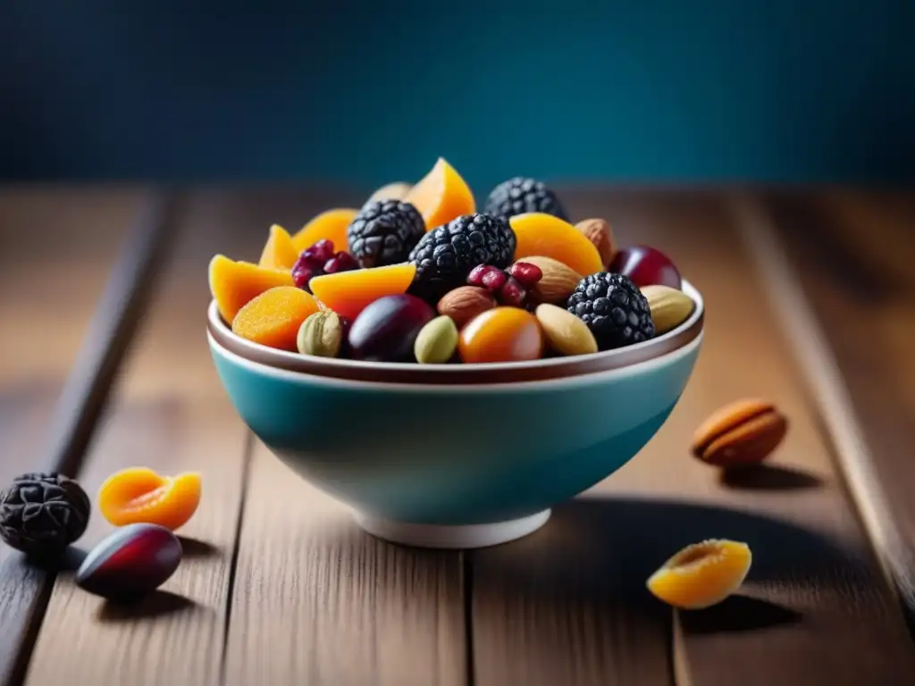 Delicada combinación de frutos secos y frutas deshidratadas en un tazón, ideal para combatir la ansiedad en casa
