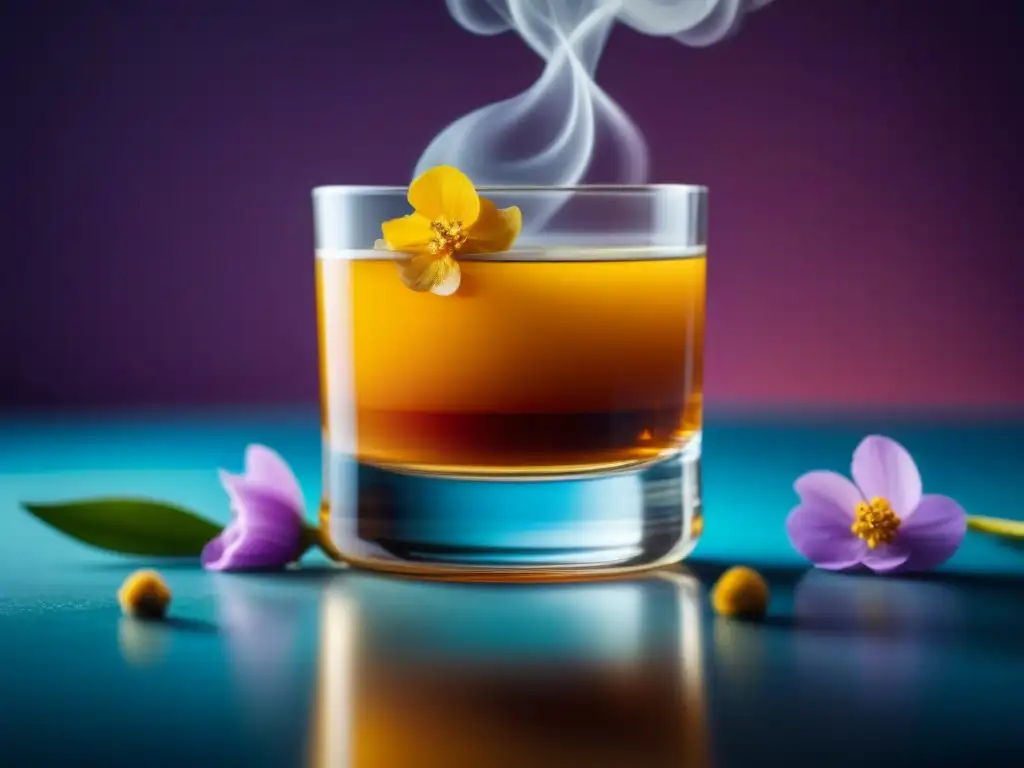 Elixir de postre: indulgencia y elegancia en un vaso Delicado elixir de postre con adaptógenos y flores comestibles en vaso de cristal, toque de oro, fondo pastel