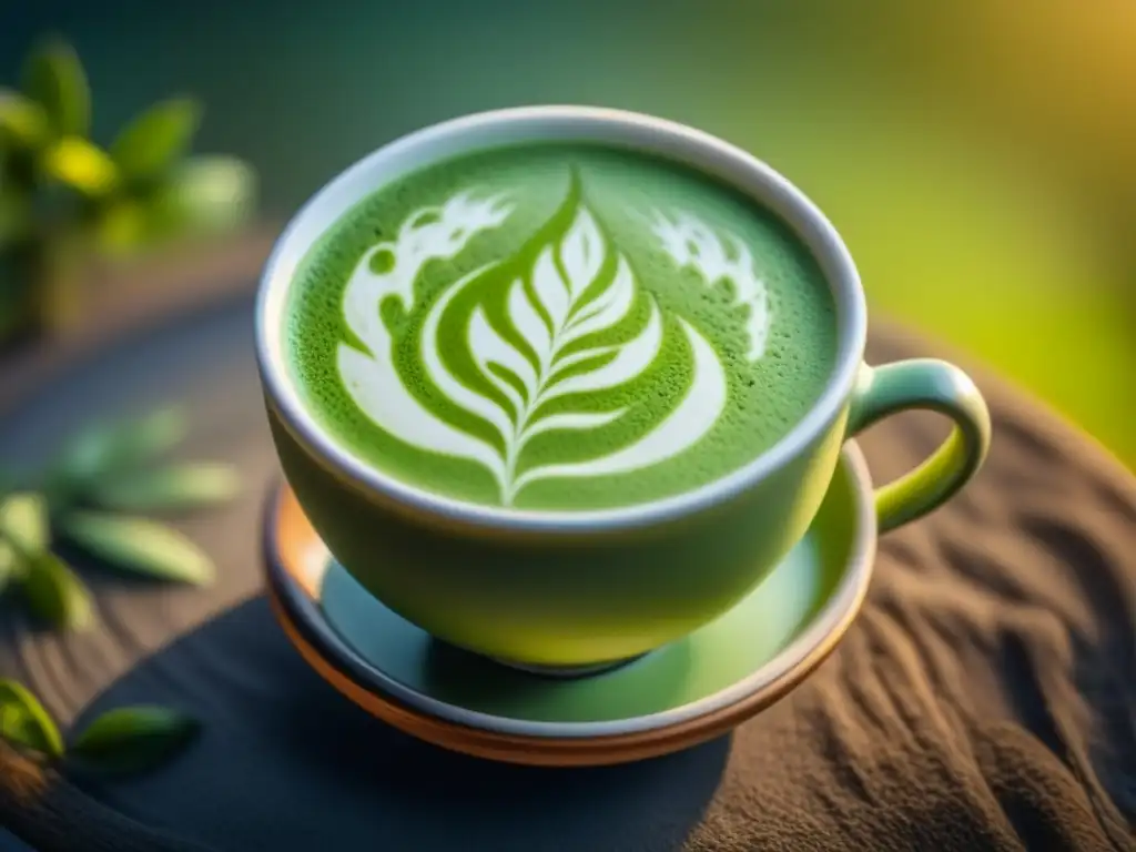 Delicado matcha latte en taza cerámica, detalle verde y espuma