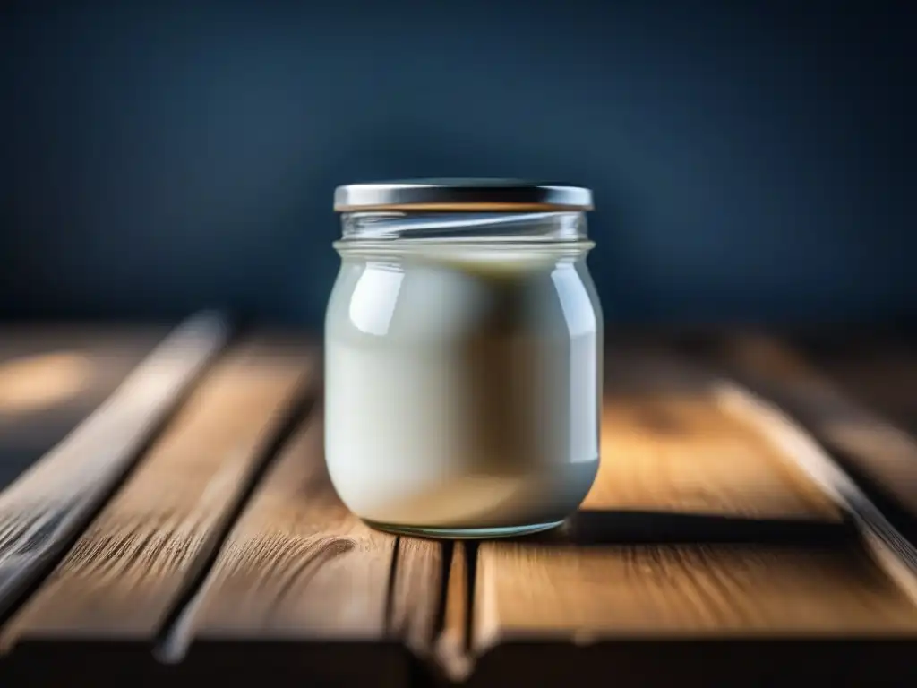 Yogur casero probiótico en tarro de cristal: pureza y serenidad Delicado tarro de vidrio con yogur probiótico casero en madera iluminada, para relajación profunda