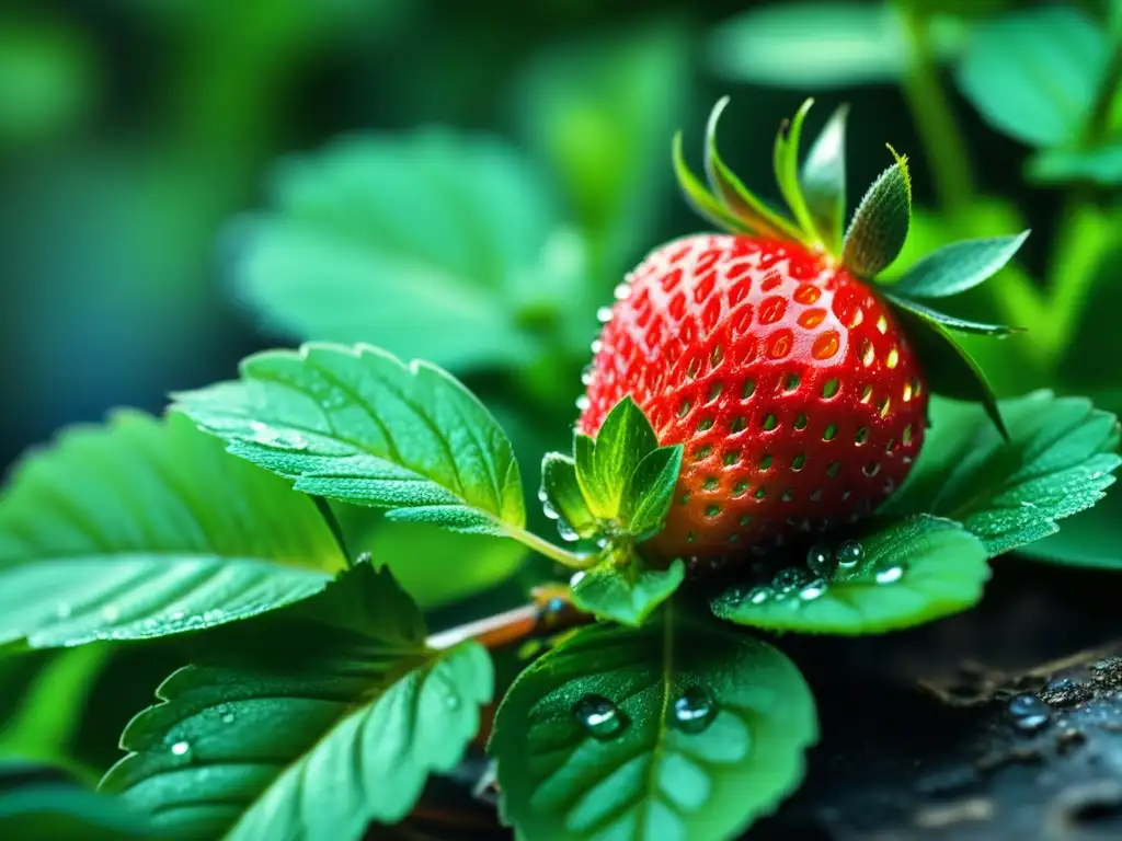 Deliciosa frescura: fresa madura sobre hojas de menta Deliciosa fresa madura sobre hojas de menta con rocío, ideal para postres calmantes con ingredientes naturales