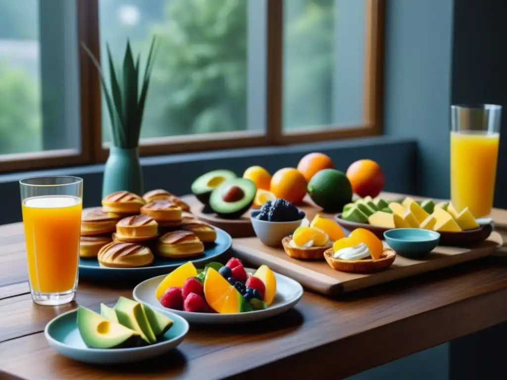 Delicioso brunch en casa: frutas, pasteles y más Deliciosa variedad de alimentos en brunch relajante en casa