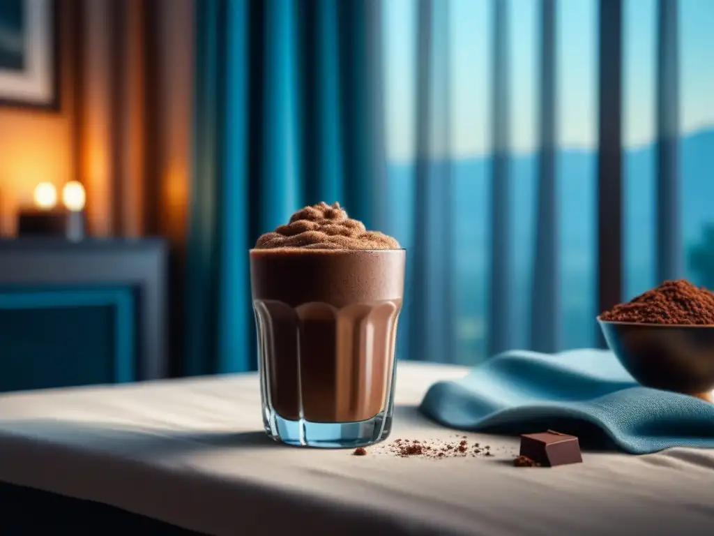 Delicioso smoothie de chocolate en un ambiente acogedor Delicioso smoothie de chocolate en casa, con textura cremosa y ambiente sereno