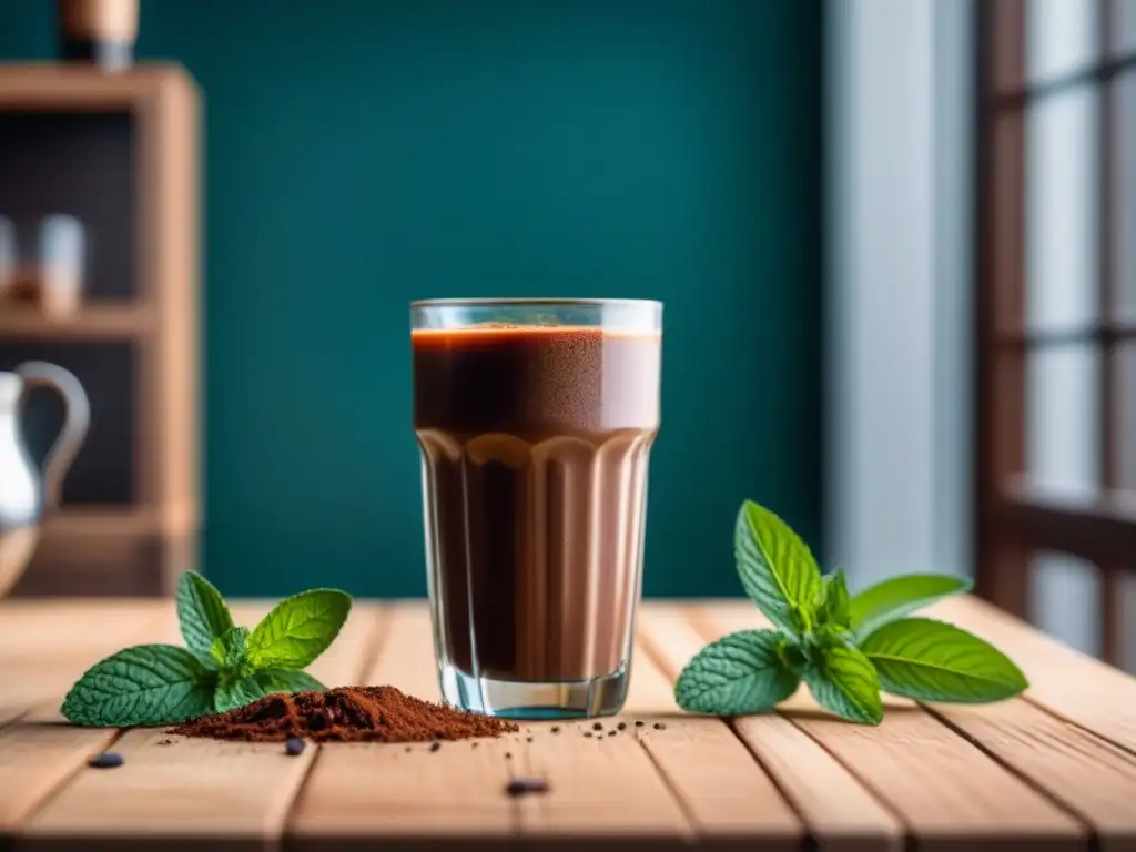 Delicioso smoothie de chocolate, elegante y relajante Un delicioso smoothie de chocolate en un entorno acogedor, ¡Smoothies de Chocolate Relajantes en Casa!