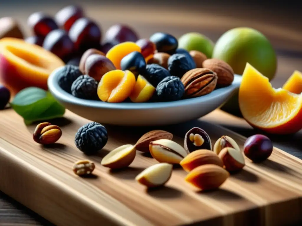 Deliciosos snacks saludables para ansiedad en casa: nueces y frutas secas en tabla de madera