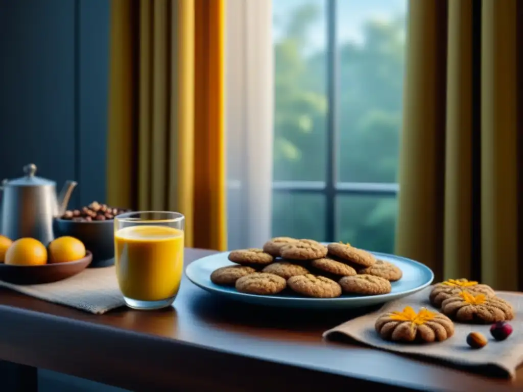 Desayuno equilibrado al estilo Ayurveda: frutas, especias y paz matutina Desayuno ayurveda para relajación: mesa de madera con frutas vibrantes, especias coloridas y taza de leche dorada